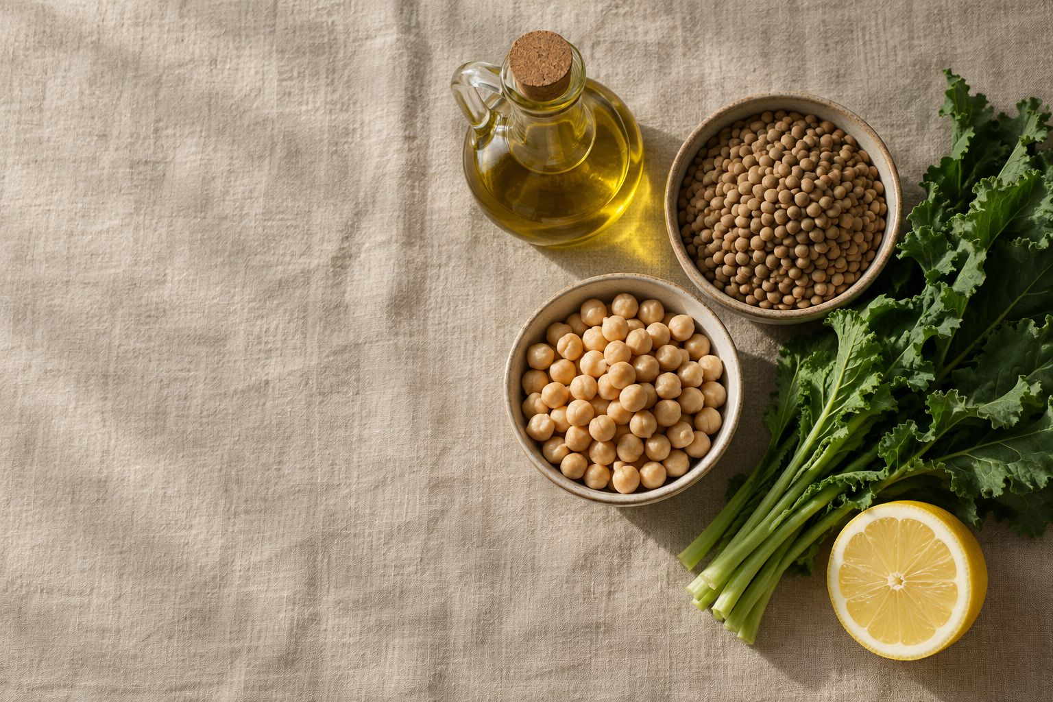 Olive oil, lentils, chickpeas, greens and lemon on linen